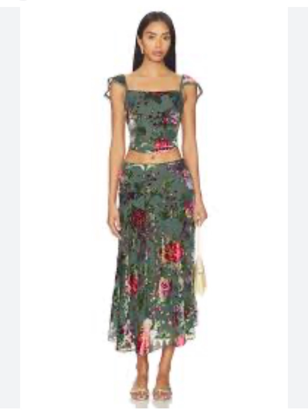 Free People Floral Electra Hearts Green Velvet Skirt Set